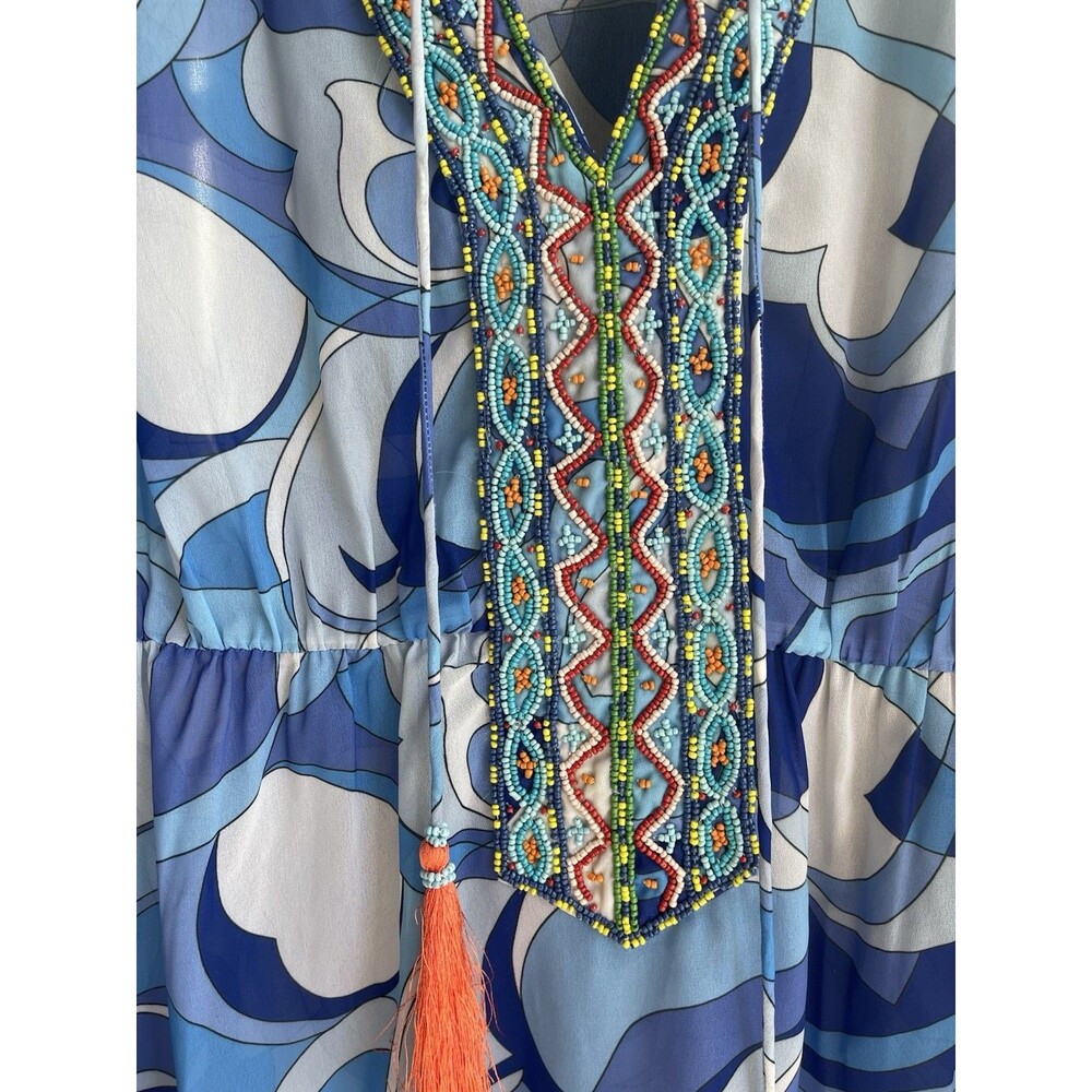 Boston Proper Women's Size L Blue Beaded Embroidered Tassel Tunic 3/4 Sleeve - Picture 3 of 9